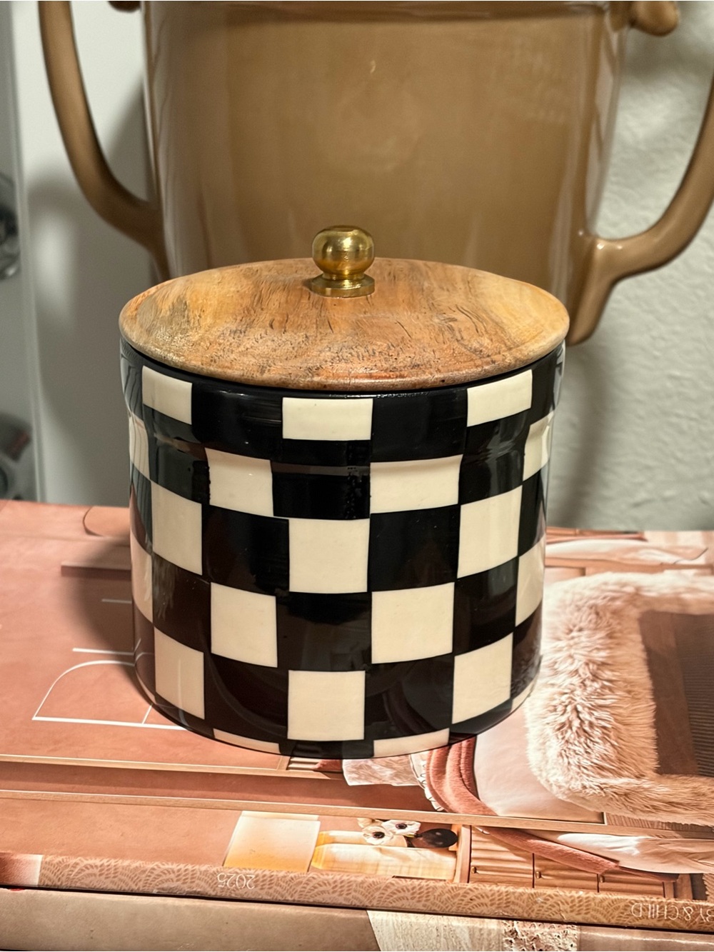 New Black & White Check Ceramic Jar with Wood Lid